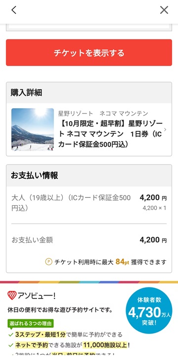 アソビュー　購入後の画面